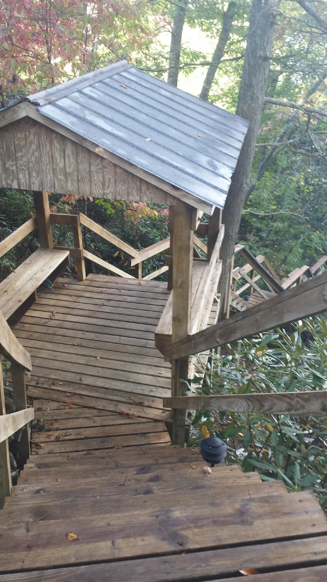 Metal roofed shelter over wooden steps on a wooded walkway — Skylight Repair & Installation work by our crew in Snoqualmie